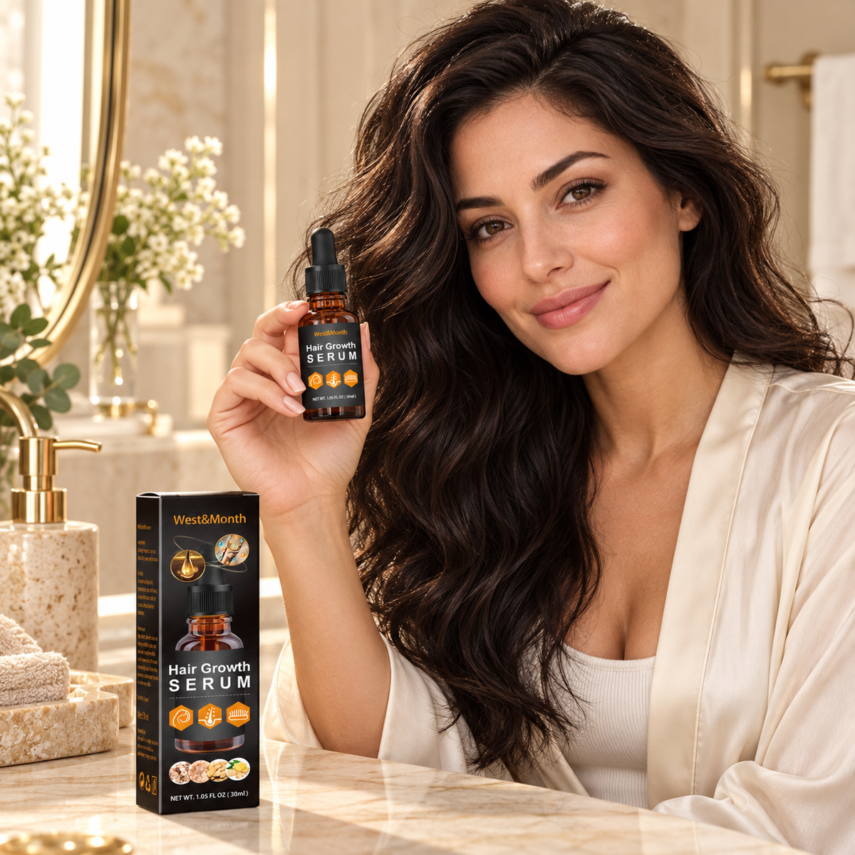 AI lifestyle illustration: adult female model with Botanical Hair Care Oil 30 ml