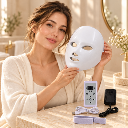 AI lifestyle illustration: adult female model with 7 Colour LED Facial Beauty Mask