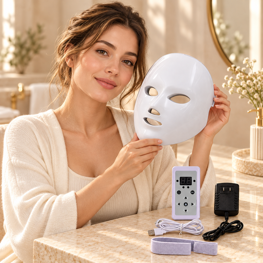 AI lifestyle illustration: adult female model with 7 Colour LED Facial Beauty Mask